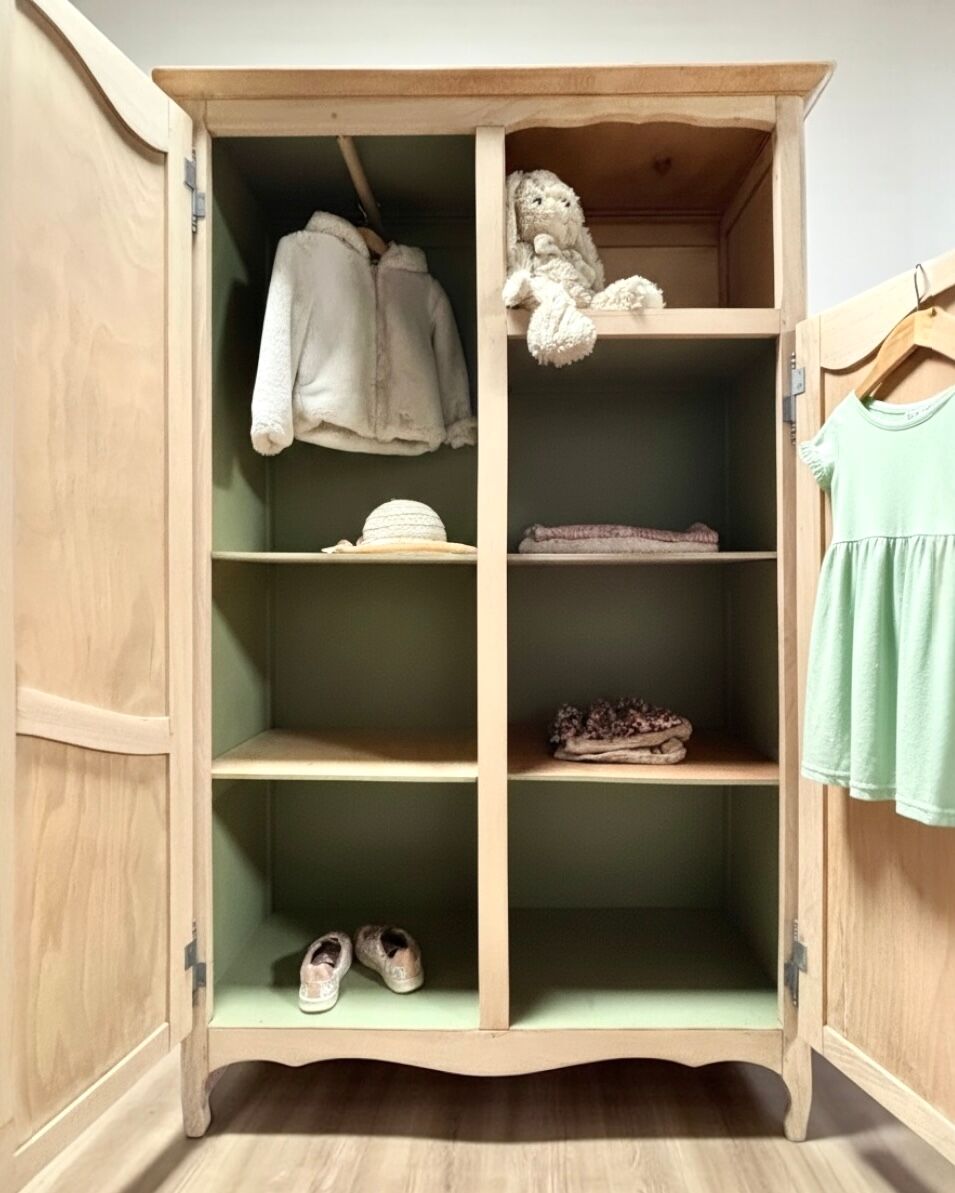 Renovated antique wardrobe – natural wood & sage green interior
