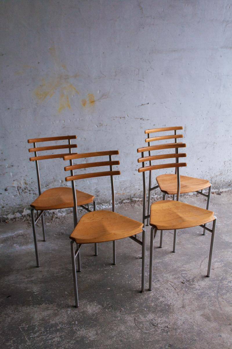 Set of 4 Zumsteg Chairs — Light Wood Seats with Grey Metal Tubular Frames, Postmodern Industrial