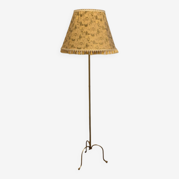 Brass tripod floor lamp with golden pompom lampshade 1960