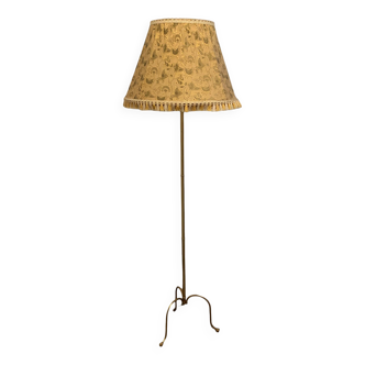 Brass tripod floor lamp with golden pompom lampshade 1960