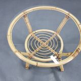 1960s Italian rattan round table with glass top