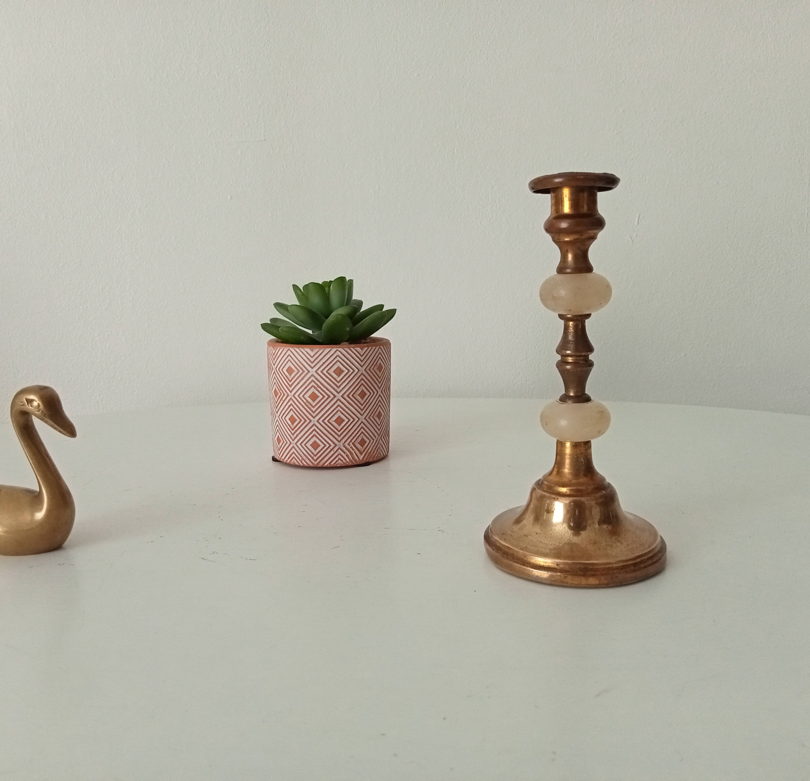Antique brass and alabaster candlestick