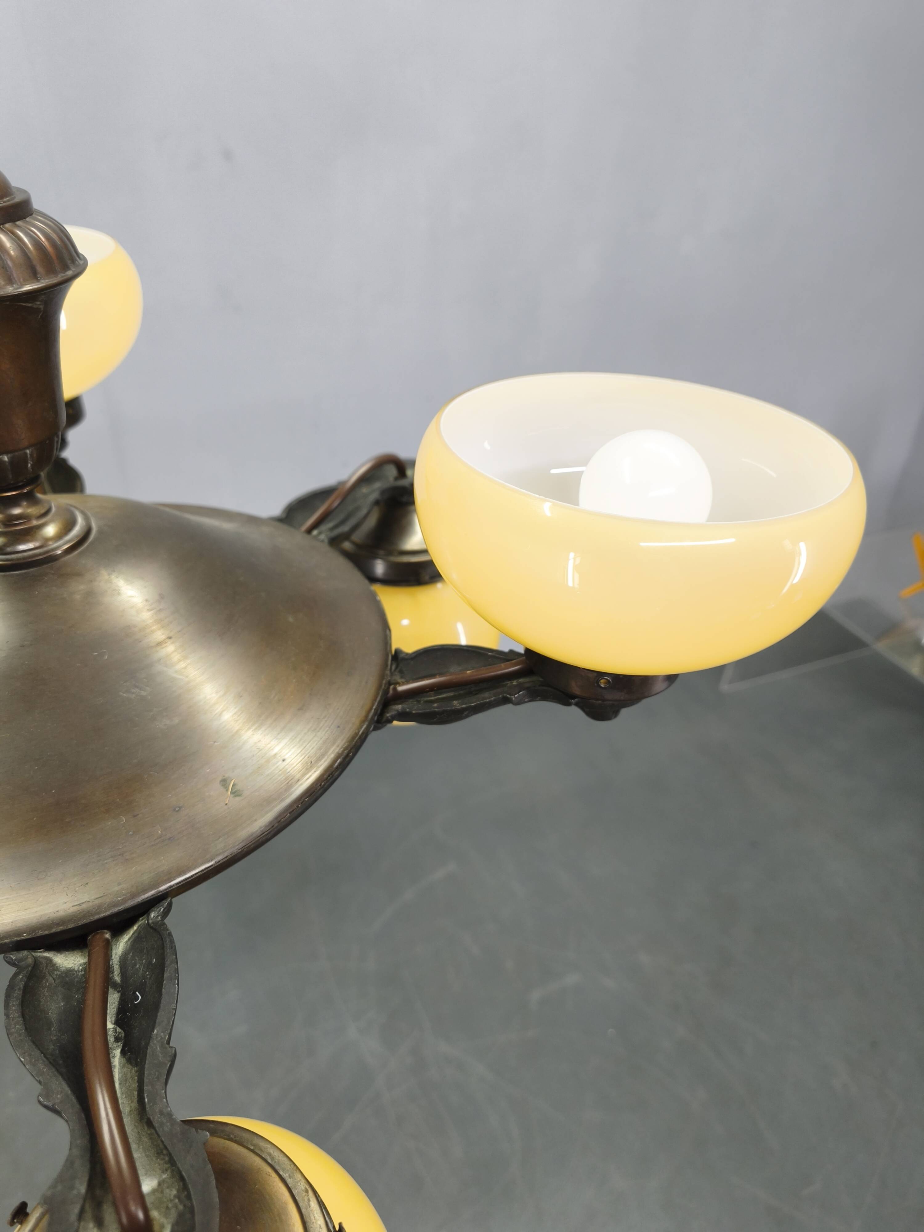 Art Deco Chandelier in Czech Brass with Cream Glass, 1920s