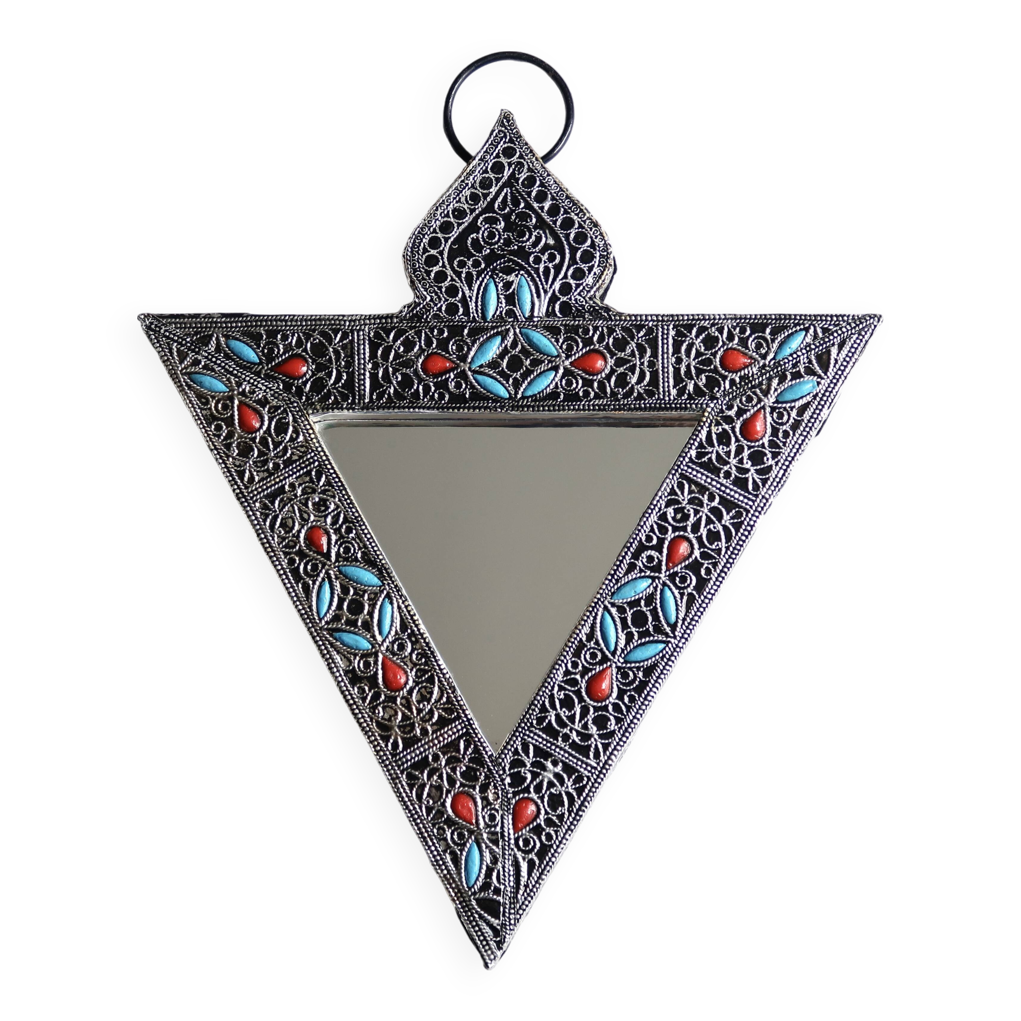 Triangular mirror in silver metal and pearls, 80s