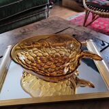 Vintage molded amber glass bowl – leaf and grape motif – years