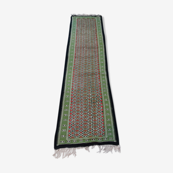 Moroccan hallway kilim carpet, handmade green Berber wool carpet  60x200cm
