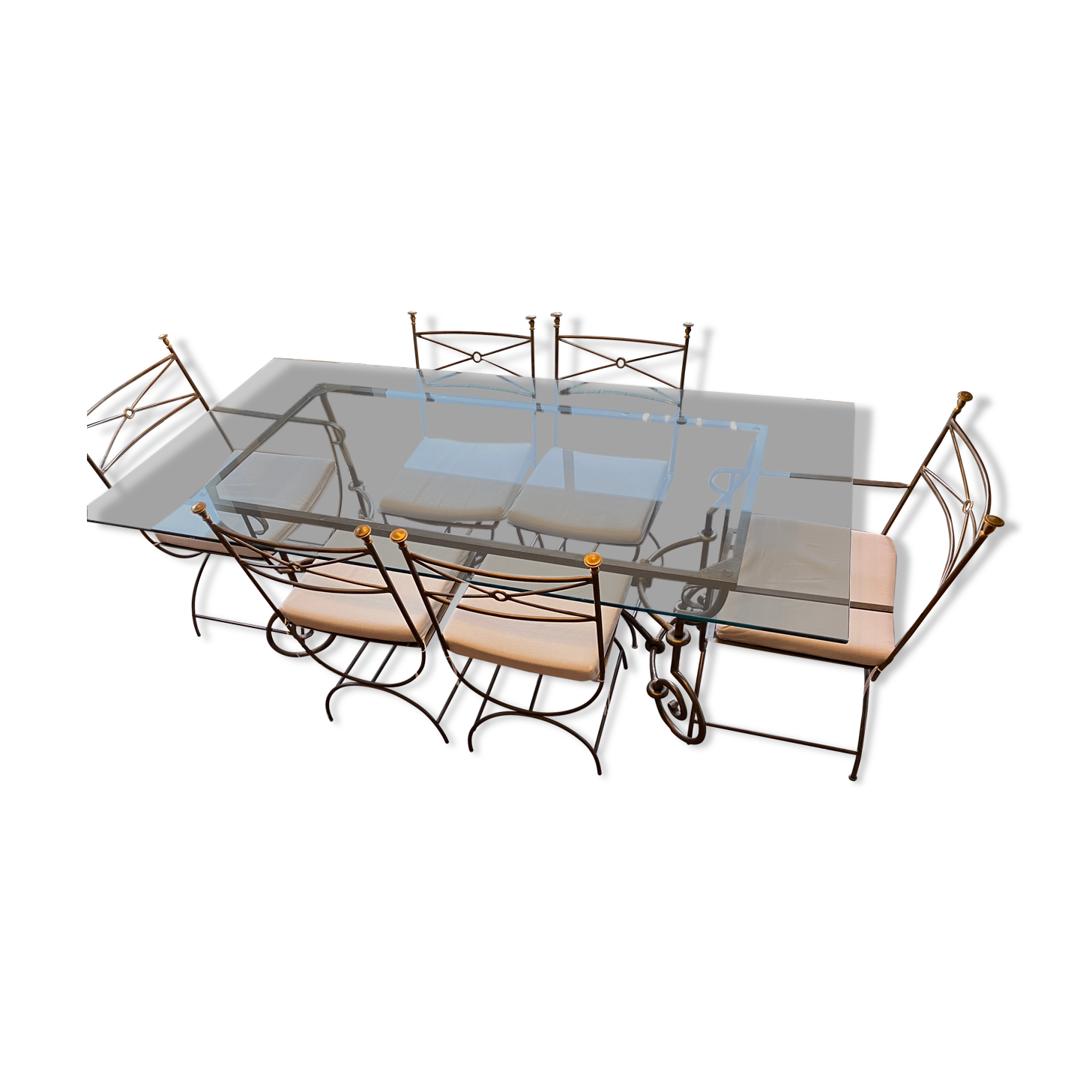 Rochebobois table in glass and wrought iron 4 chairs 2 armchairs