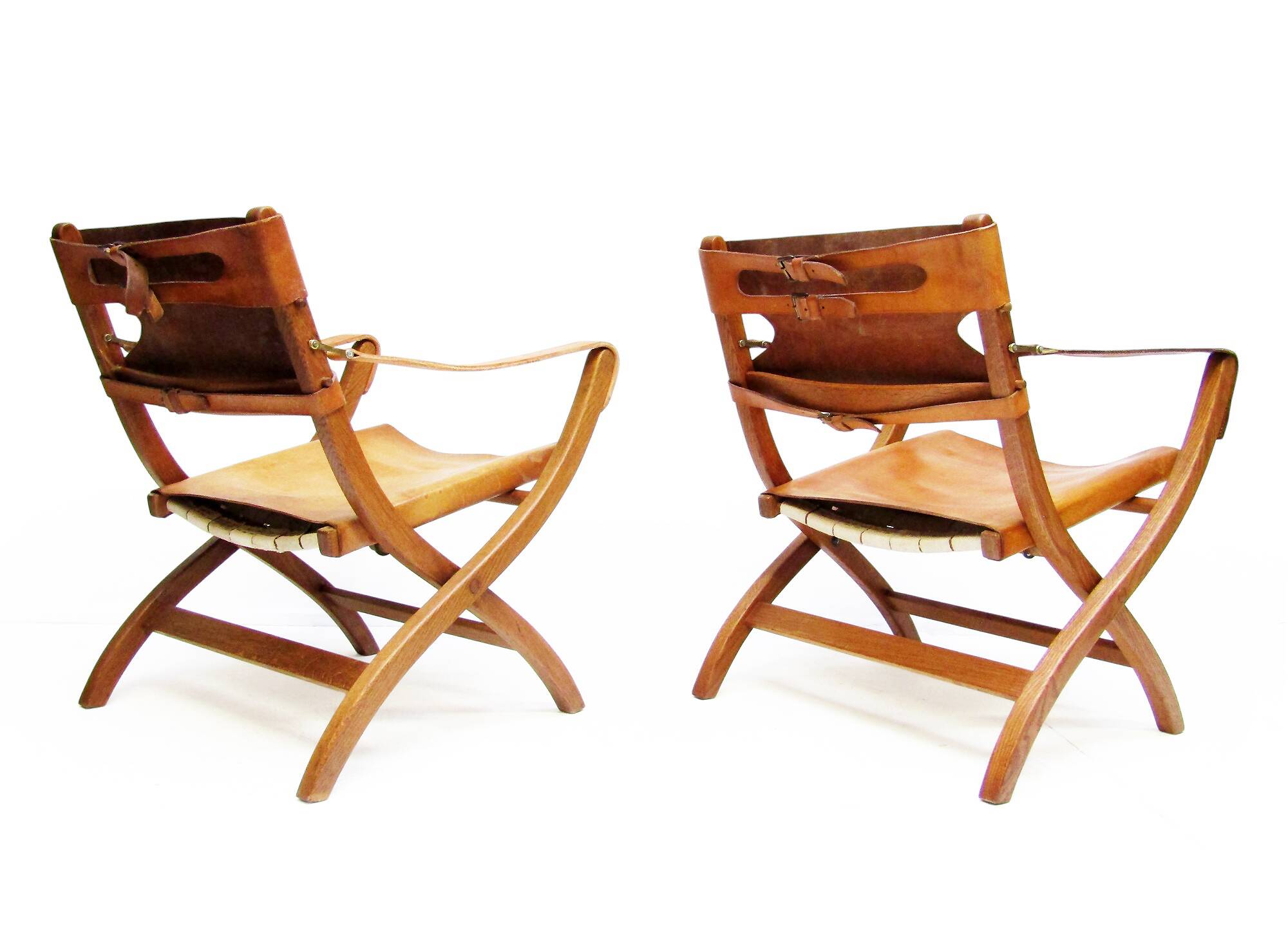 Two 1950s Danish Safari Chairs In Oak & Hide Leather by Poul Hundevad