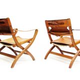 Two 1950s Danish Safari Chairs In Oak & Hide Leather by Poul Hundevad