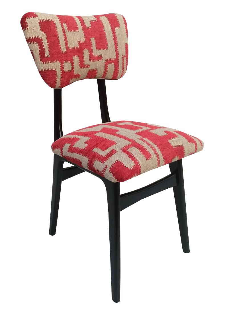 Chaise papillon du milieu du siècle, tissu jacquard rouge beige, bois noir, Europe, années 1960