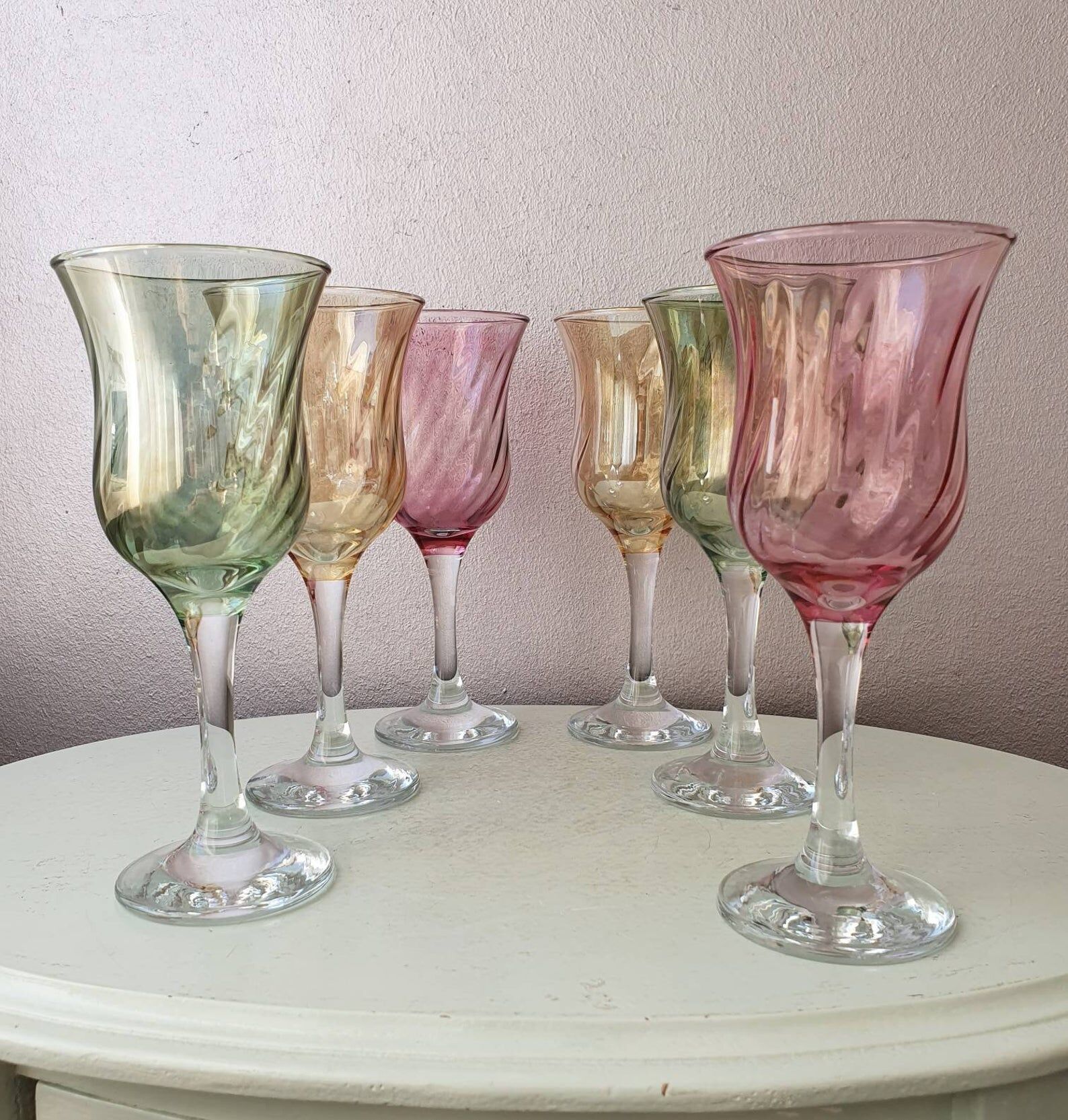 Set of 6 pastel colors 80s crystal wine glasses