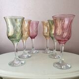 Set of 6 pastel colors 80s crystal wine glasses