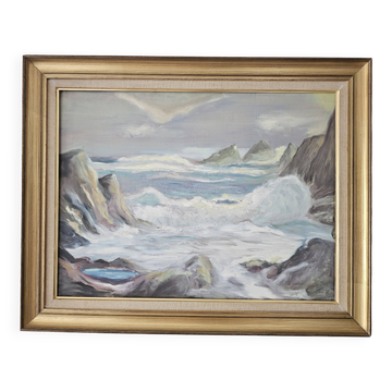 Oil painting on canvas - Seascape (Marine) Waves on the rocks signed