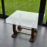 Table basse Art déco en verre, bois et laiton