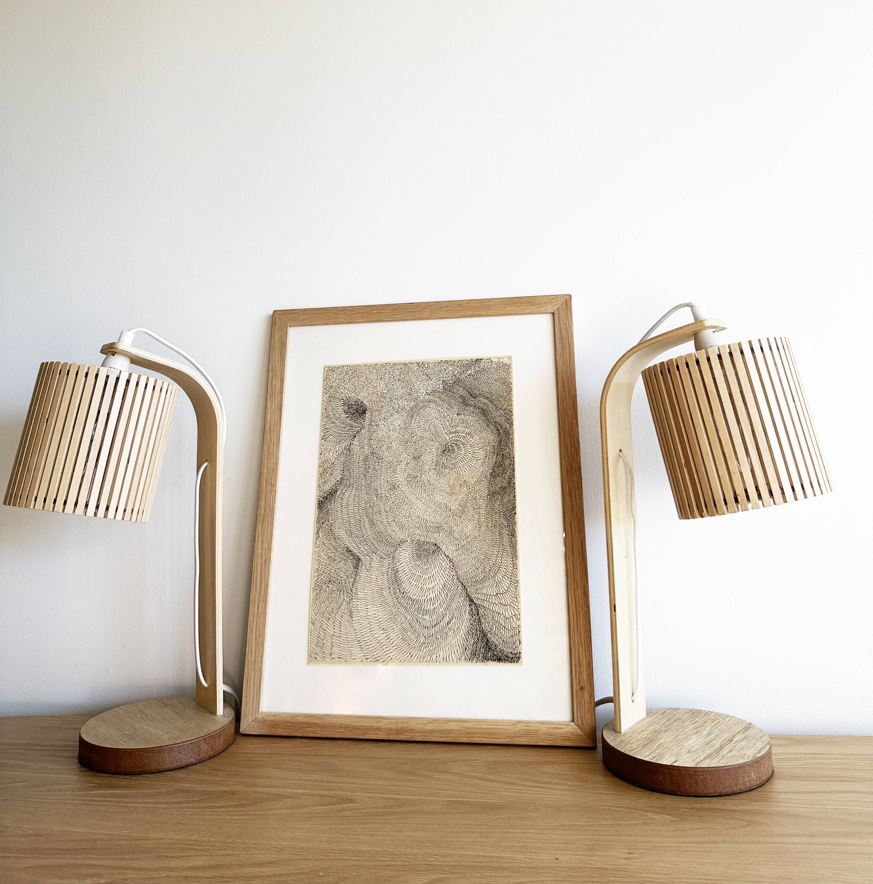 Pair of large Scandinavian lamps in natural wood.