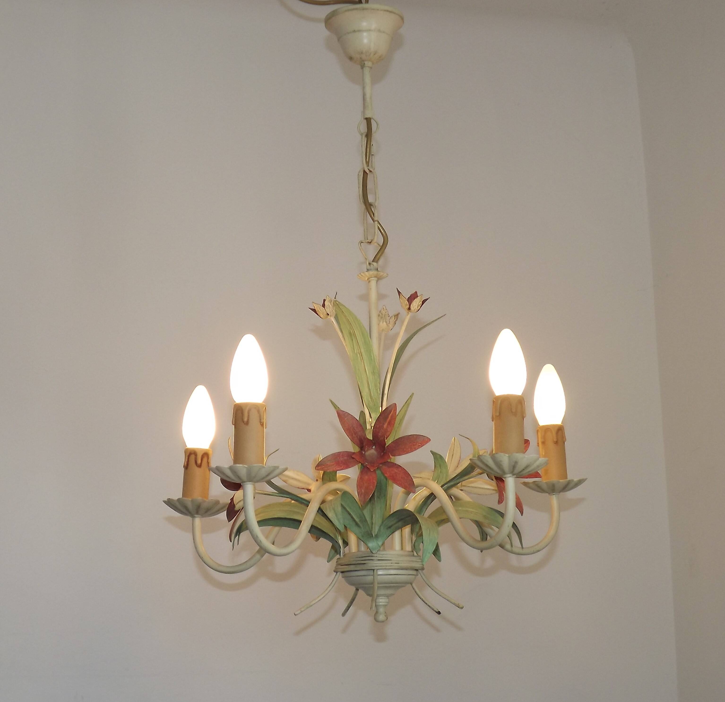 5 Light Vintage Italian Chandelier, Mathias Metal Bouquet, Pink Flowers