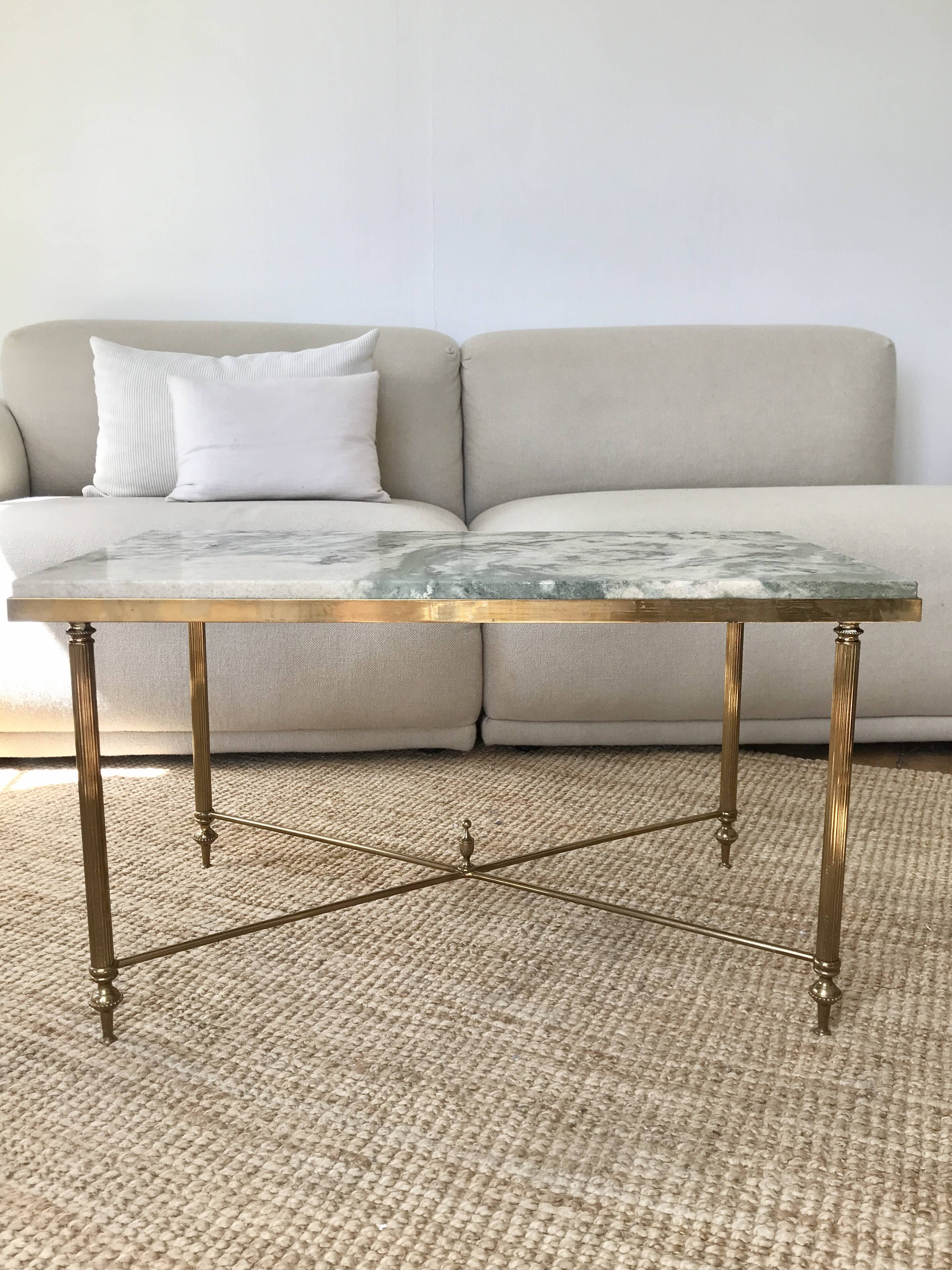 Coffee table in brass and green marble