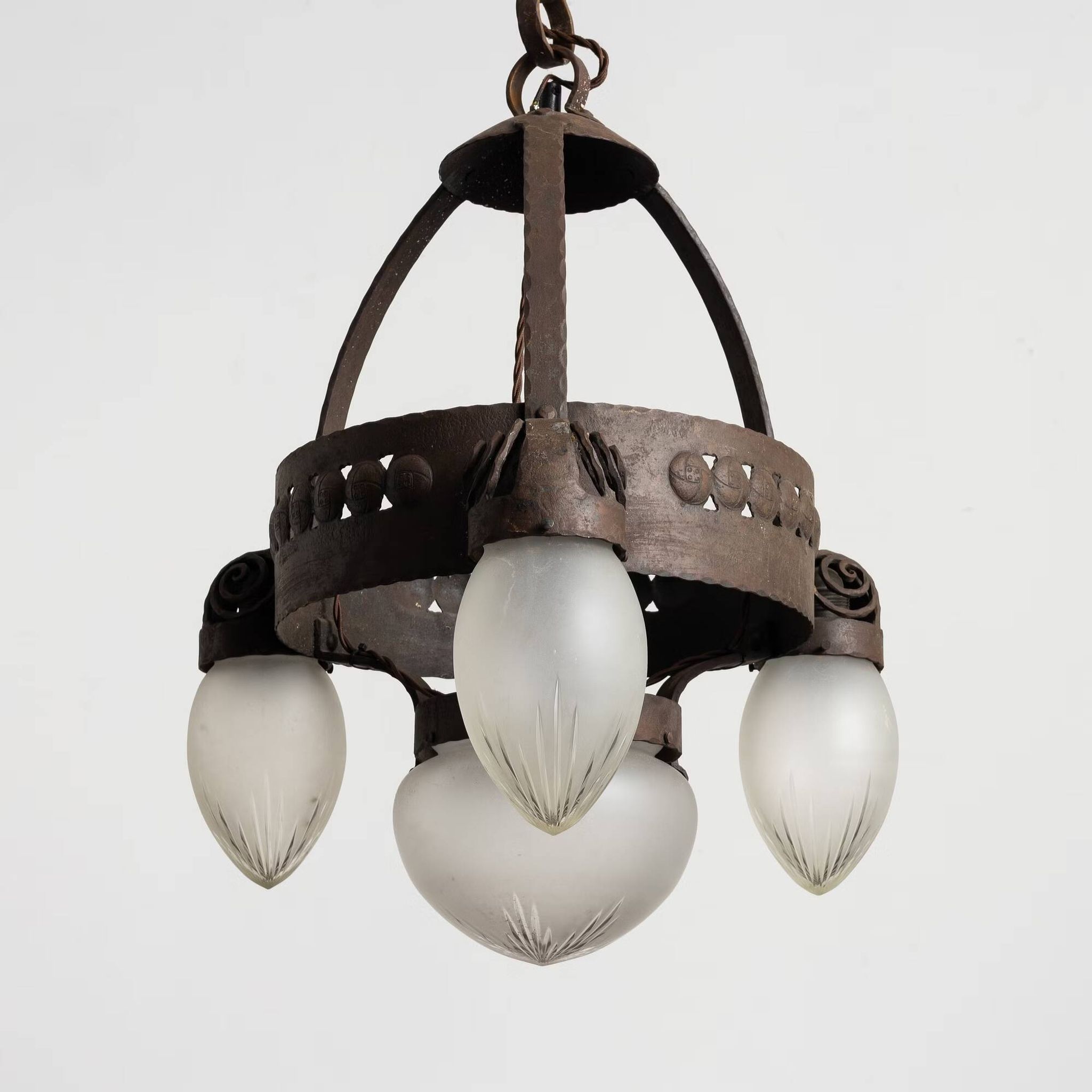 Vintage Swedish Iron Glass Chandelier Ceiling Lamp by Böhlmarks