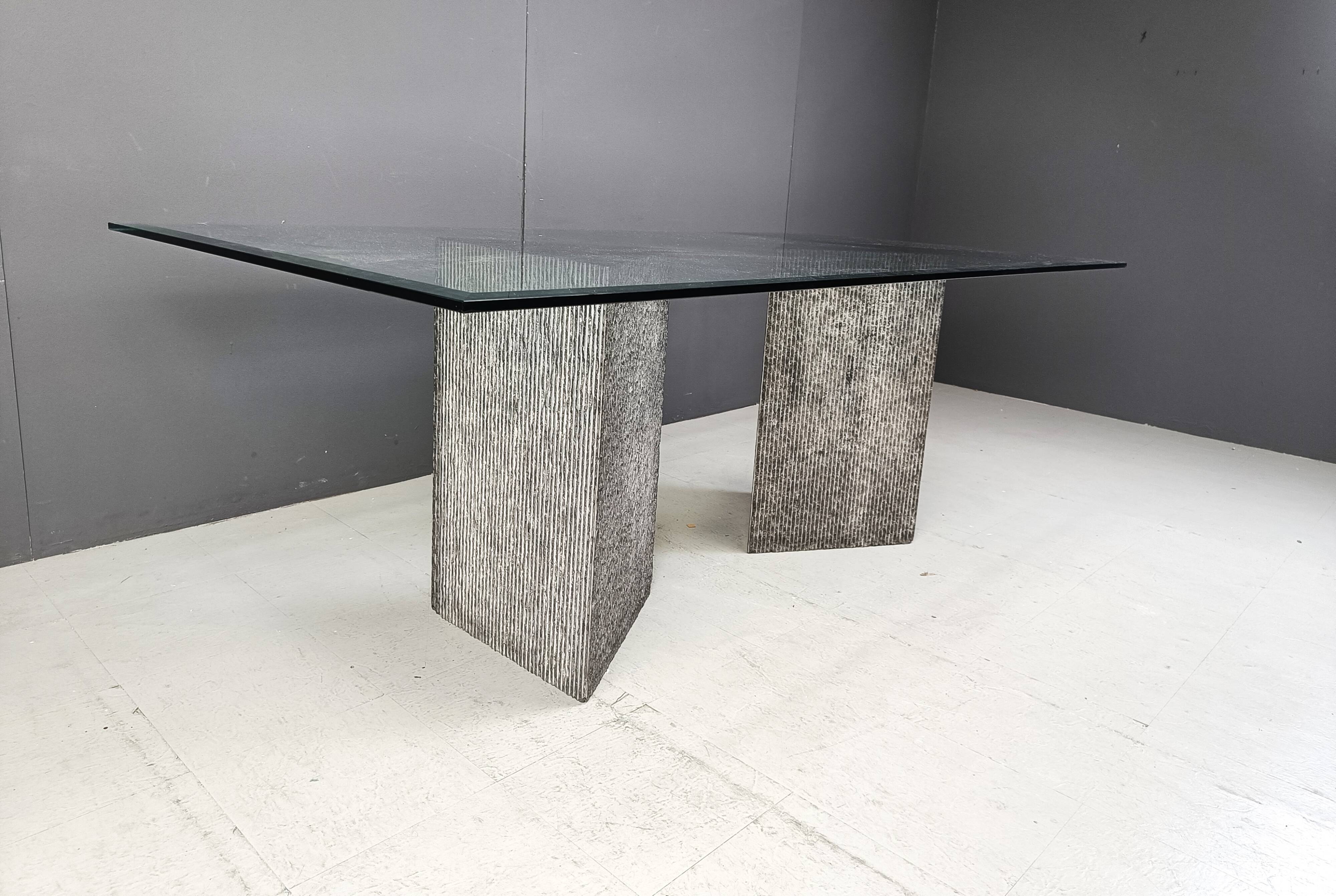 Vintage brutalist glass and marble dining table, 1970s