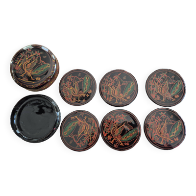Boîte ronde et ses 6 sous-verres en bois laqué peint à la main