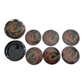 Round box and its 6 lacquered wooden coasters hand-painted.