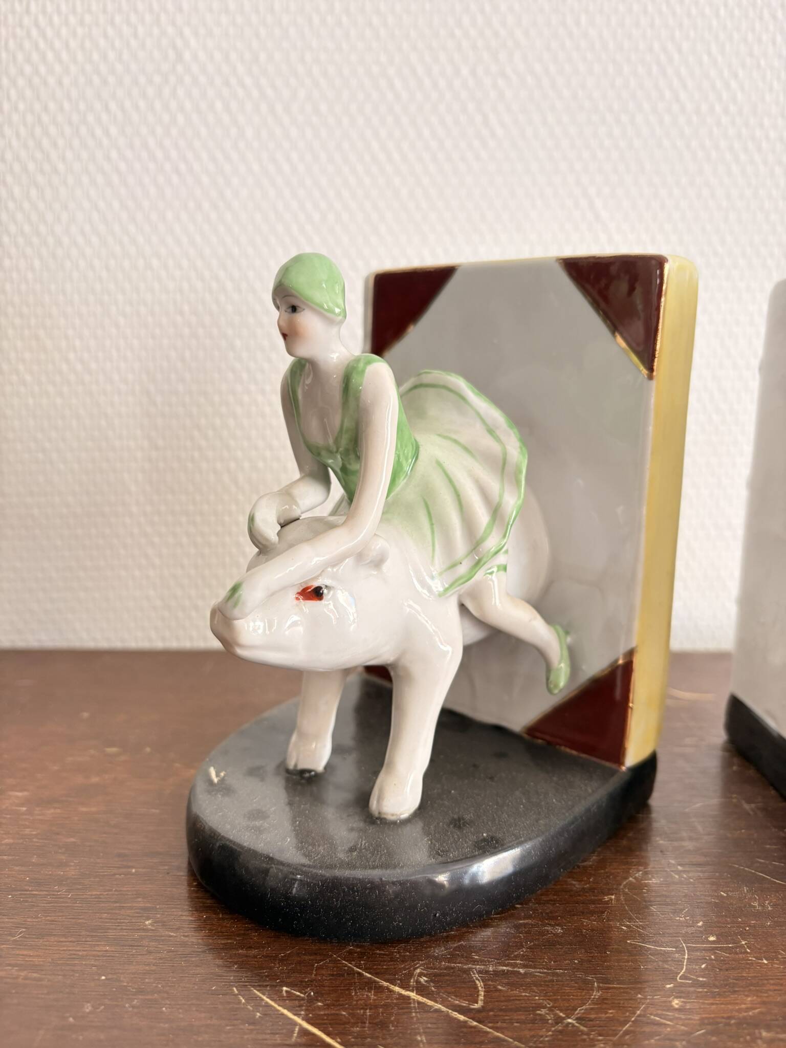 Old Pair of Bookends Porcelain White Girl Woman Equestrian Pig Art
