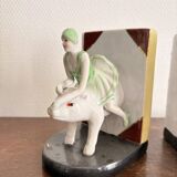 Old Pair of Bookends Porcelain White Girl Woman Equestrian Pig Art