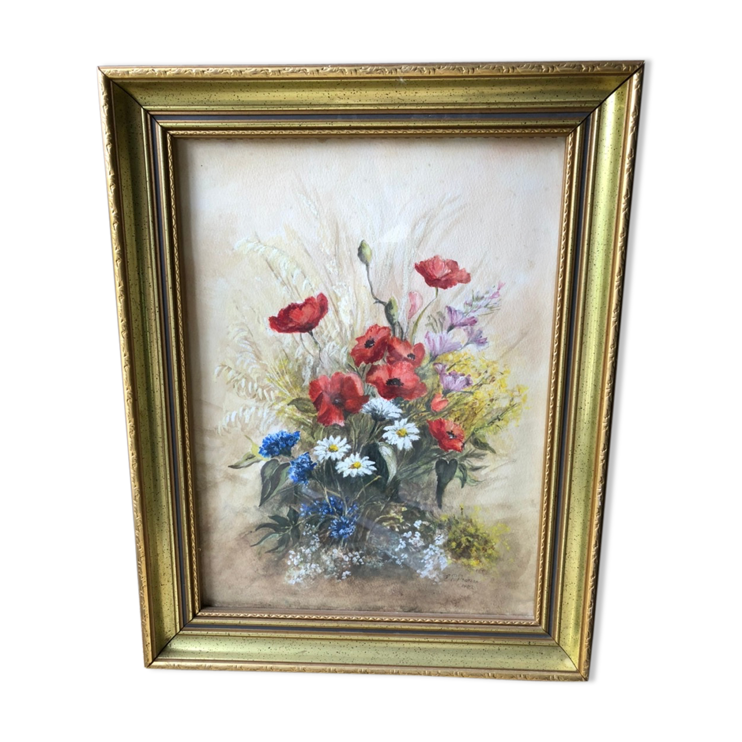 Acquarelle coquelicots cadre doré