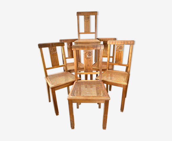 Lot de 6 chaises Art Deco cannées en bois vintage