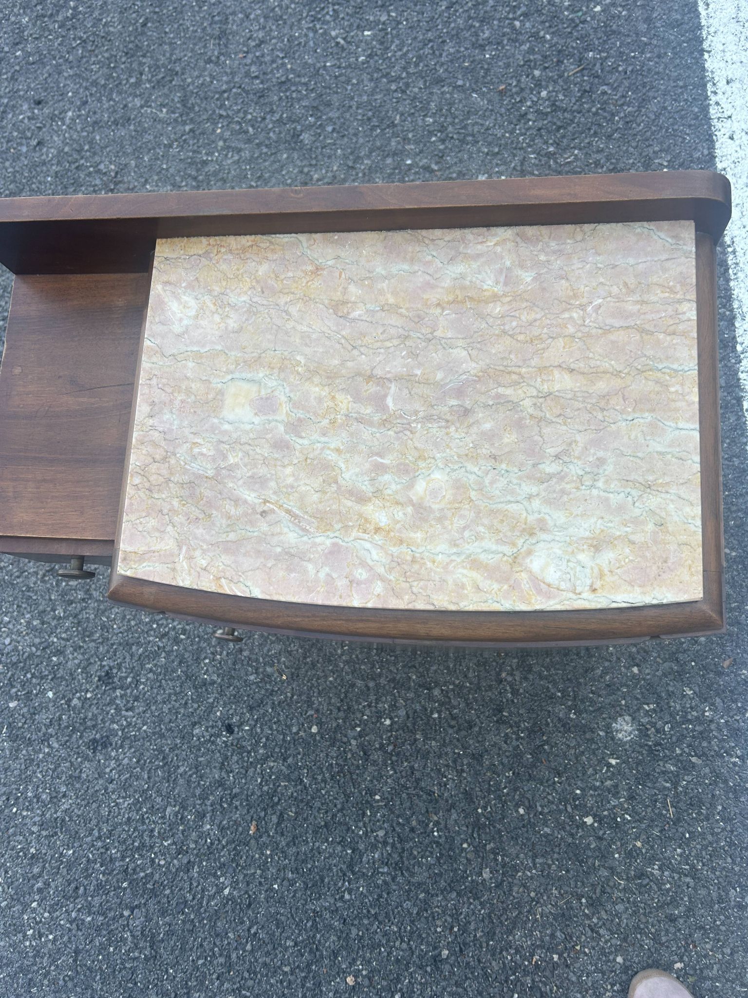 Art Deco bedside table in flamed walnut, marble top – 1930s