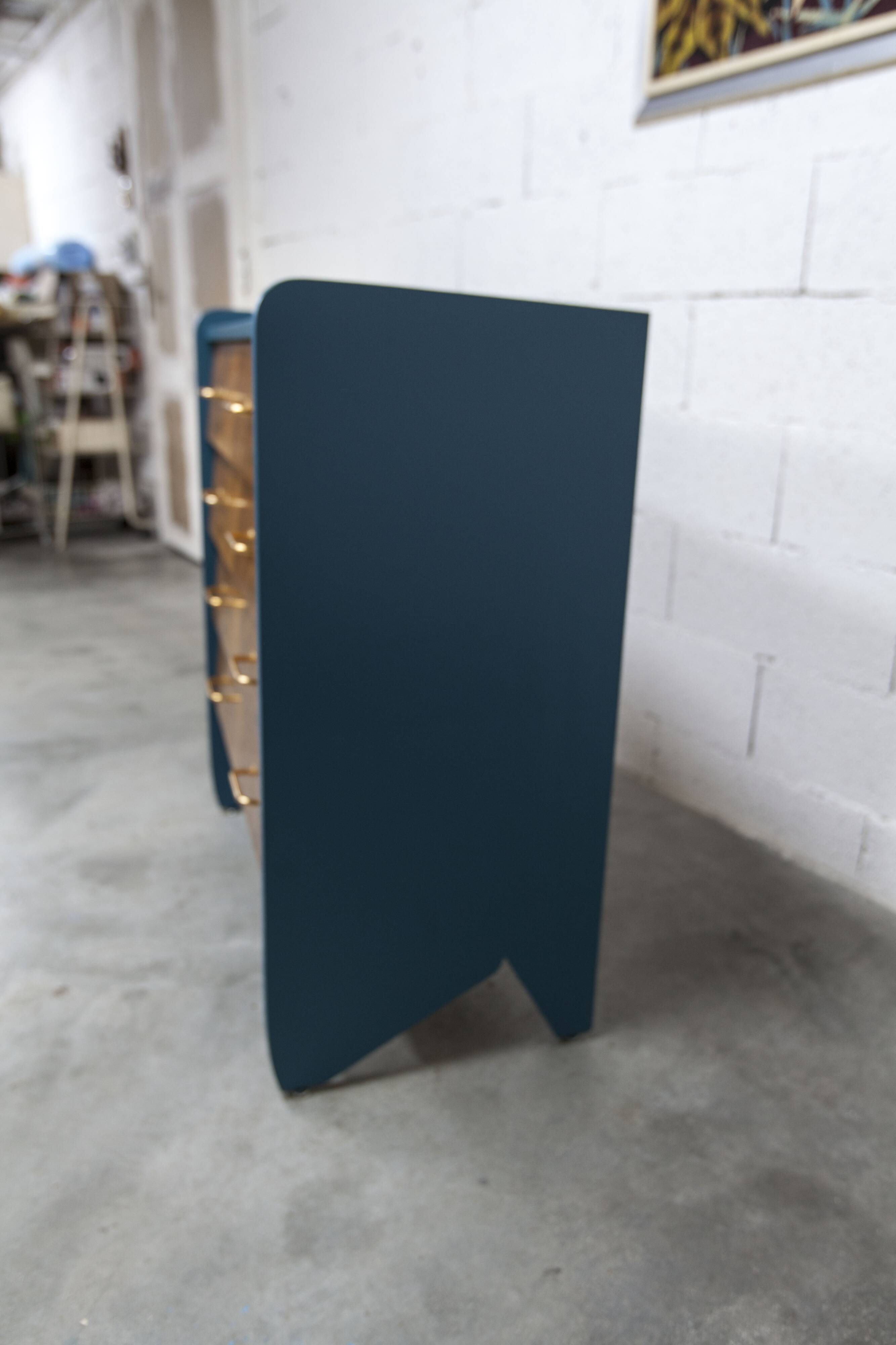 Atypical 1960s Scandinavian chest of drawers in blue Ainhoa Satiné with 4 drawers.