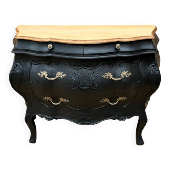 Commode galbée peinte en noir et bois