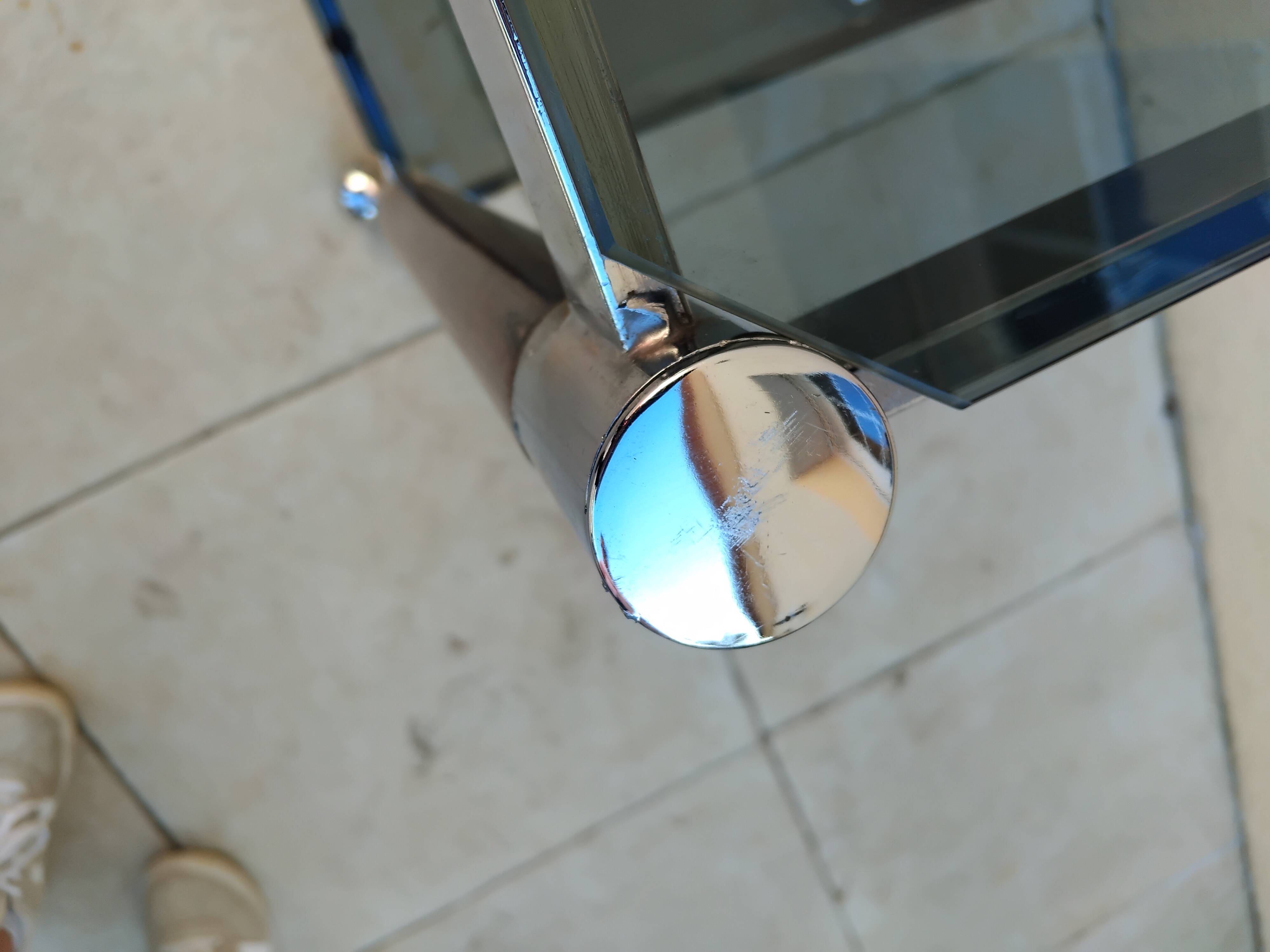 Vintage wooden serving trolley with smoked glass, chrome metal and wood