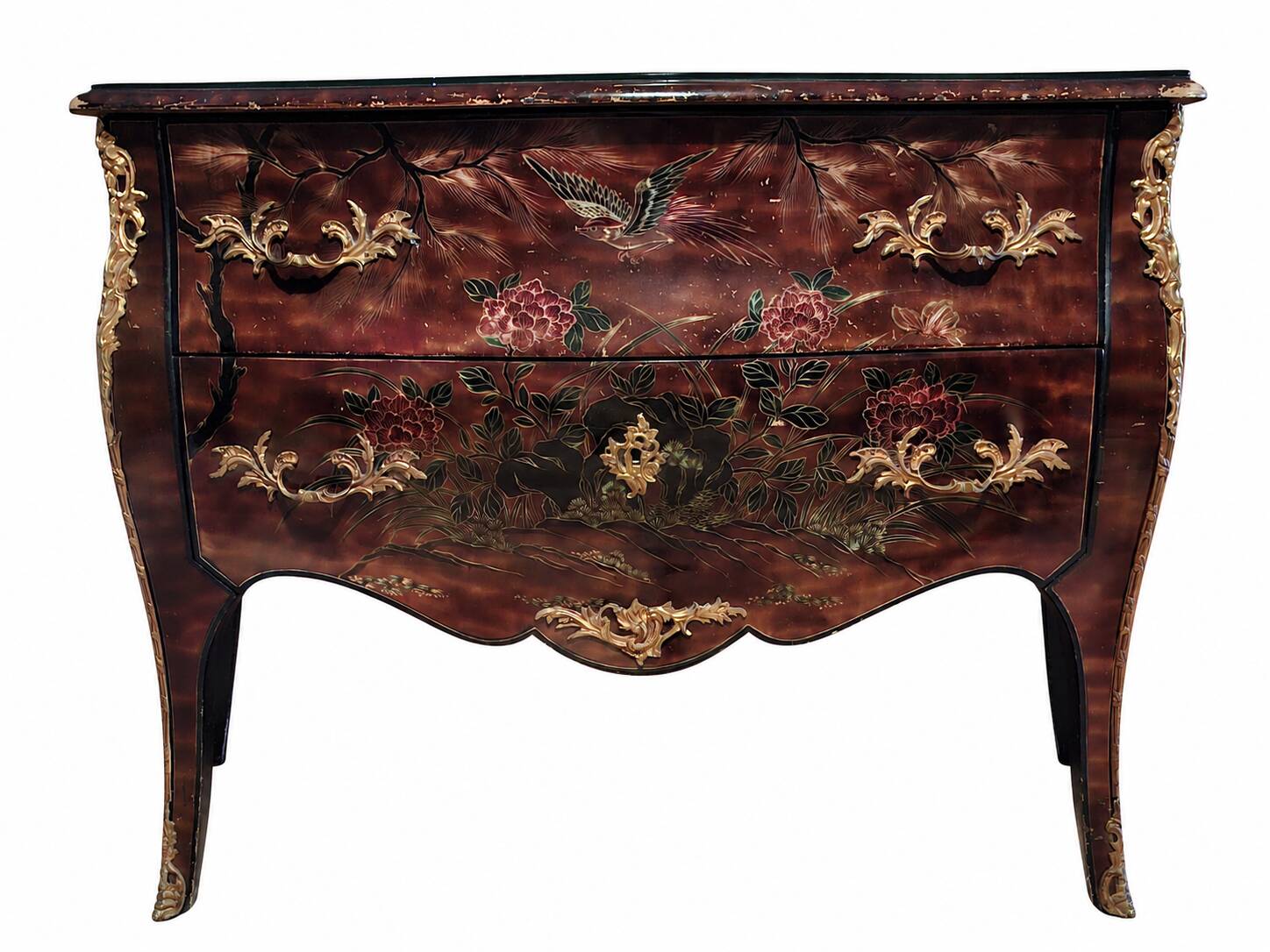 Commode sauteuse galbée en laque à décor Chinois époque début XXeme (om)