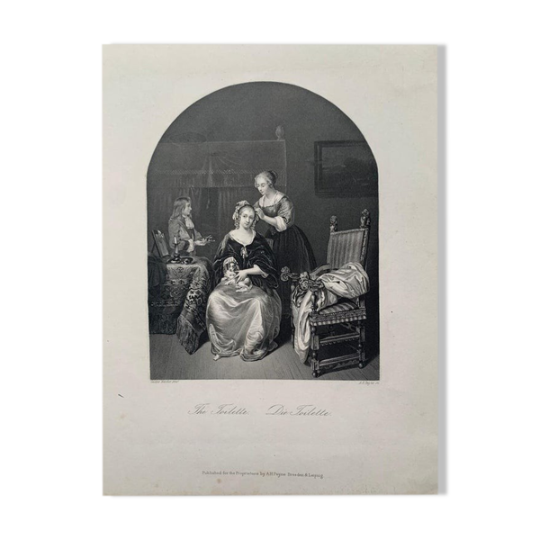 Casper Netscher, La toilette, gravure, XIXème siècle