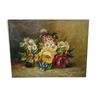 Huile sur toile bouquet de fleurs par murry morry marry a identifier