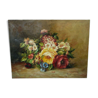 Oil on canvas bouquet of flowers by murry morry marry to identify