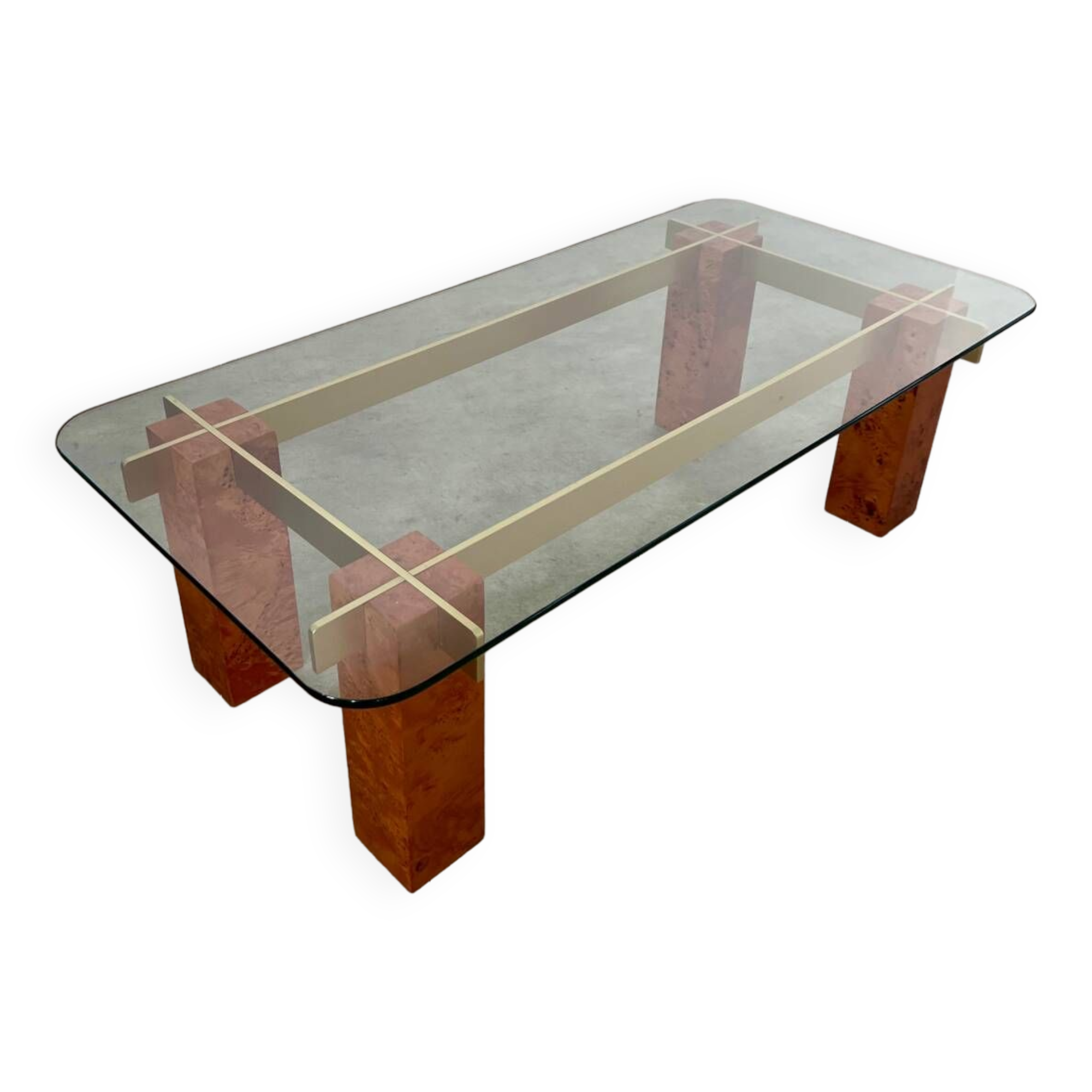 Old glass and burl coffee table Italian design from the 70s vintage
