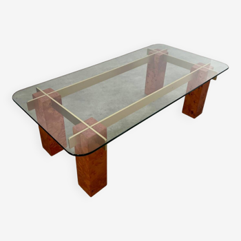Old glass and burl coffee table Italian design from the 70s vintage