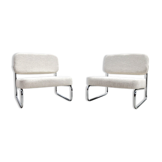 Pair of french mid century chairs in chrome & white boucle