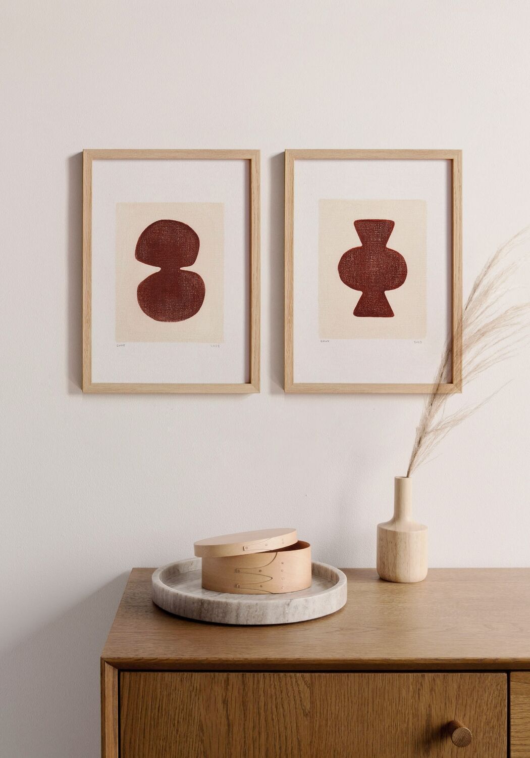 Duo of abstract paintings - dark terracotta - signed Eawy