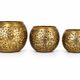 Set of 3 handmade brass candle holders with an openwork pattern.