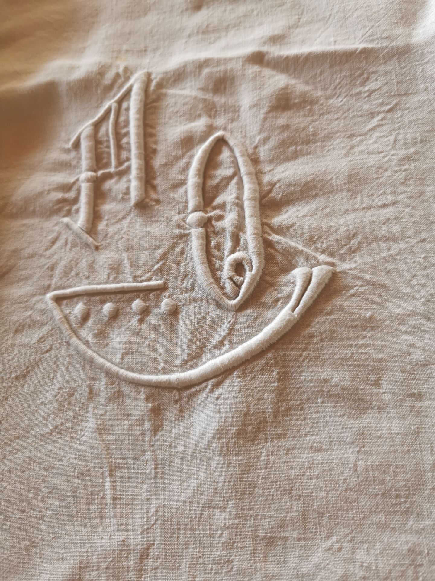 Drap ancien en lin monogrammé 3,40x2,20 m