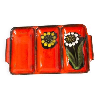 Red floral dish from the 60s/70s with 3 compartments