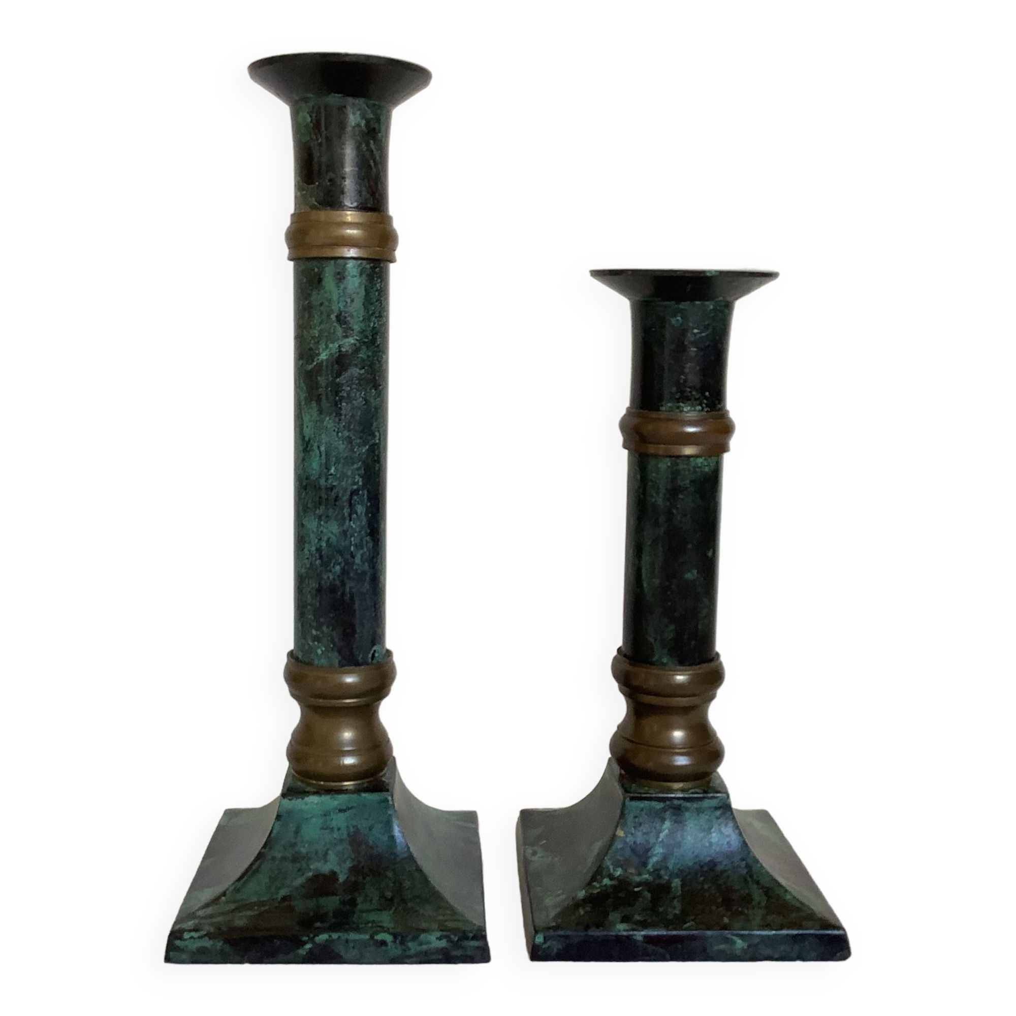 Pair of green patinated brass candlesticks