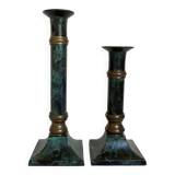 Pair of green patinated brass candlesticks