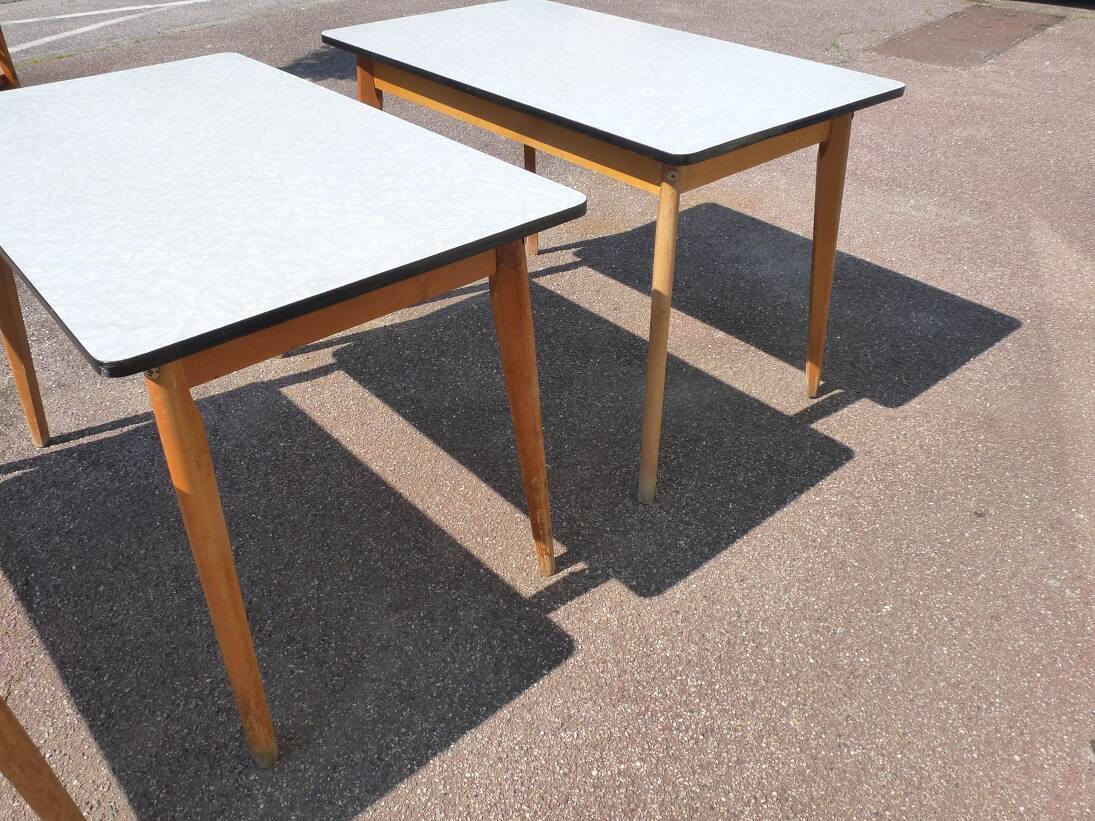 set of 3 vintage white Formica and wood tables