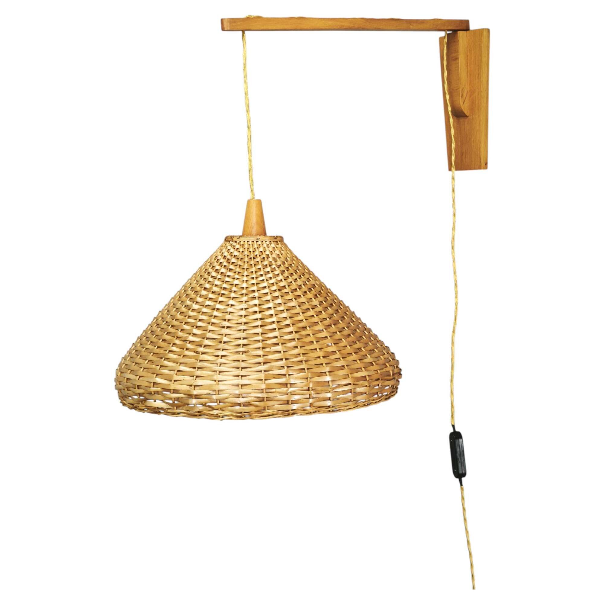 Czechoslovak Rattan and Wood Swing Arm Wall Lamp, 1960s