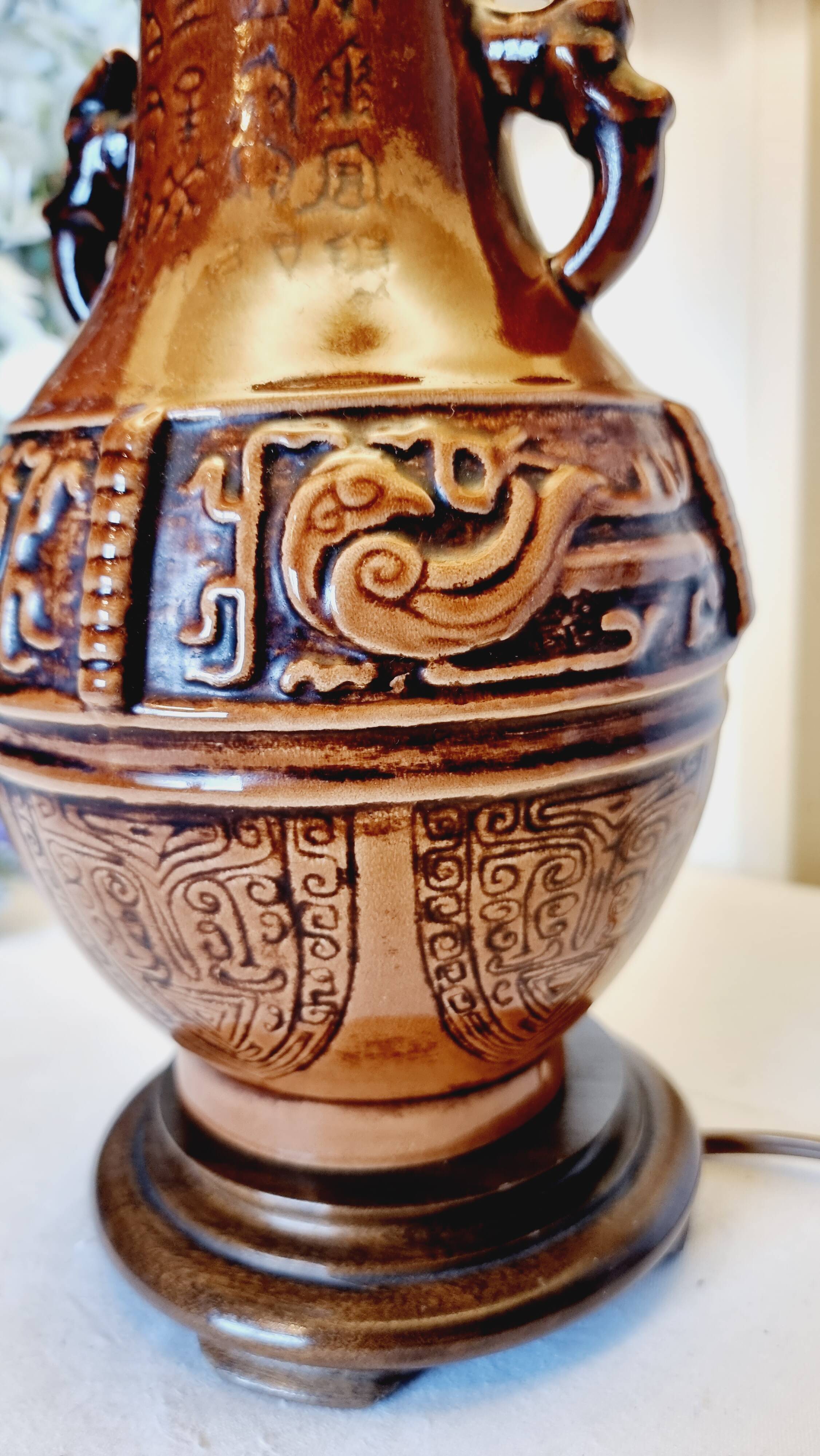 Large vintage table lamp in glazed ceramic, Oriental style 50s-60s.