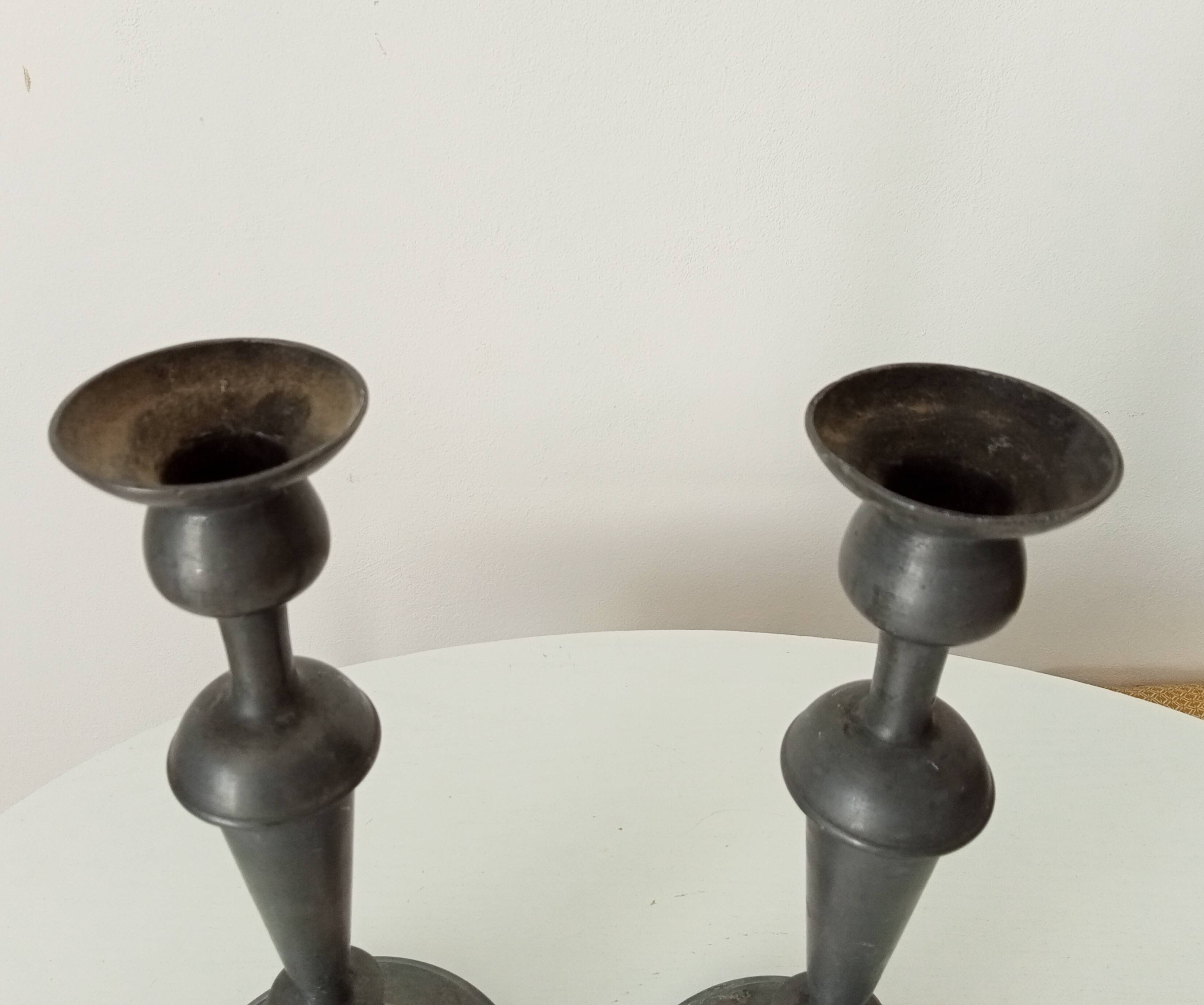 Pair of large old candlesticks in solid pewter